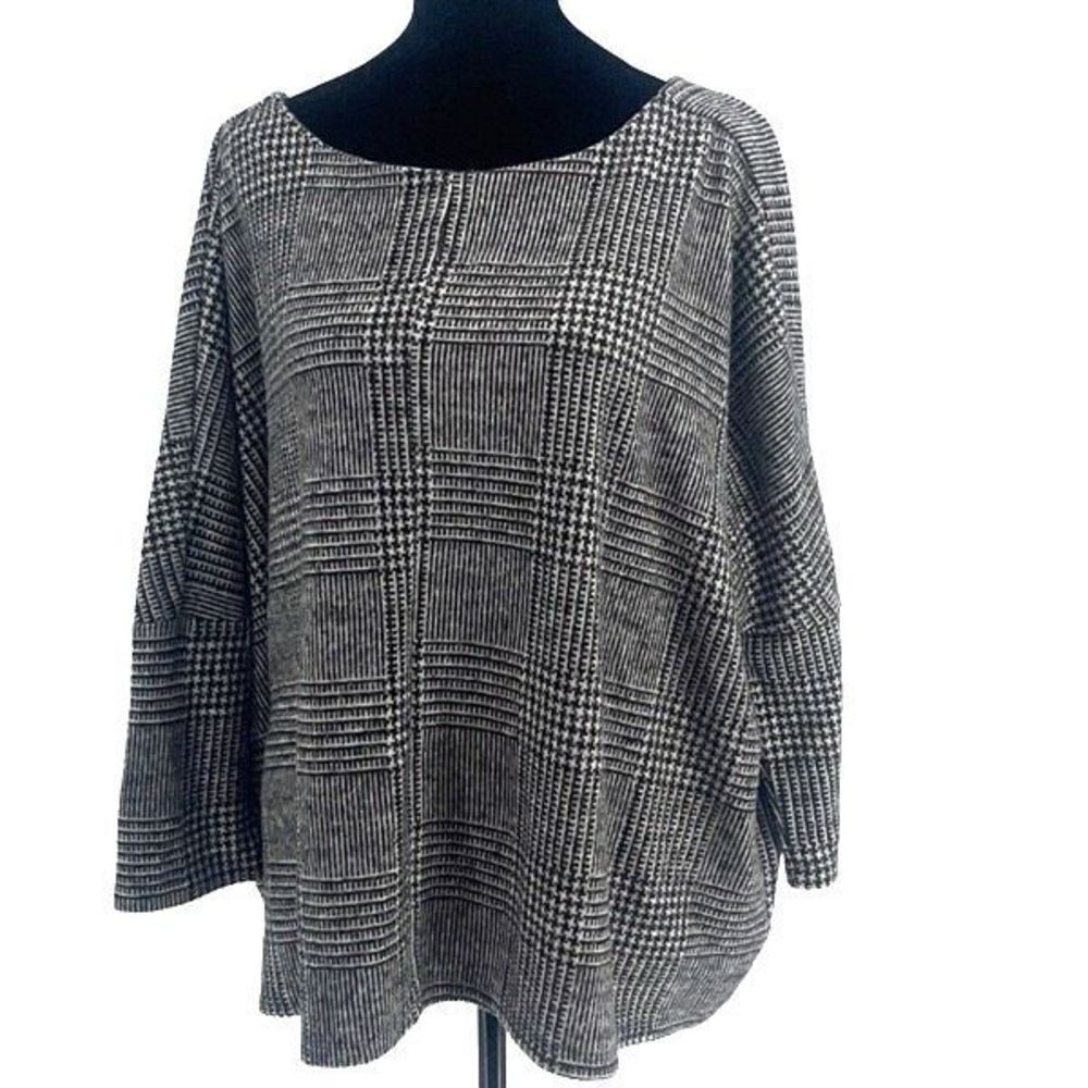 August Silk Womens Plaid Dolman Sleeve Plush Oversized Tunic Top Black Medium